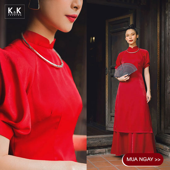Áo dài đỏ tay phồng HL18-05