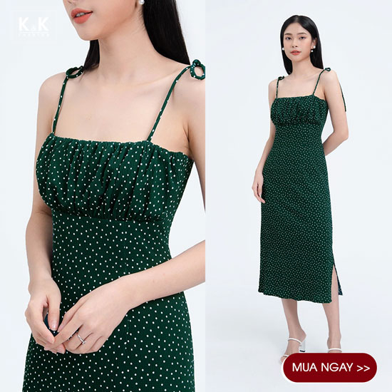 Đầm chấm bi hai dây nhún ngực xẻ tà KK110-01