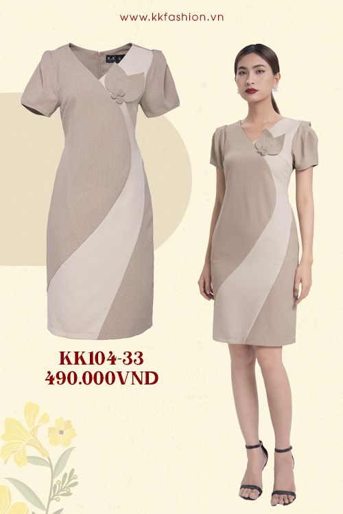 Đầm ôm công sở phối màu cổ V KK104-33