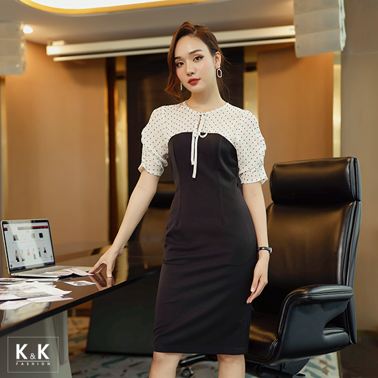 Đầm đen ôm tay lỡ phối voan KK110-15