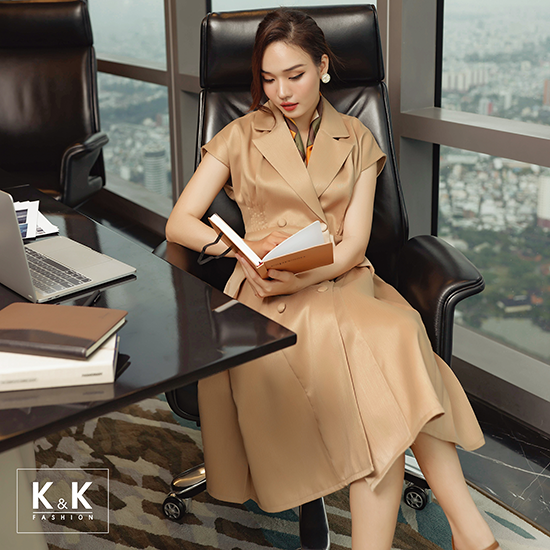 Đầm xòe cổ đan tông phối nút KK109-27