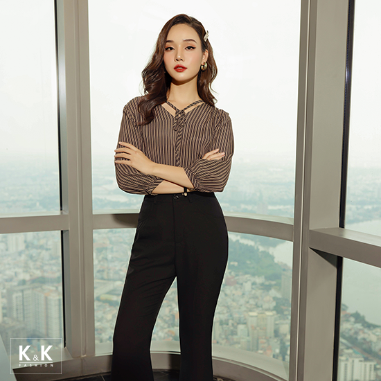 Áo kiểu kẻ sọc cổ V phối nơ ASM08-13