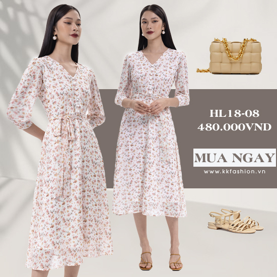 Đầm hoa dáng dài tay lỡ eo phối nơ HL18-08