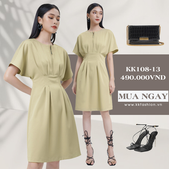 Đầm xòe chít eo cao phối dây kéo trước KK108-13