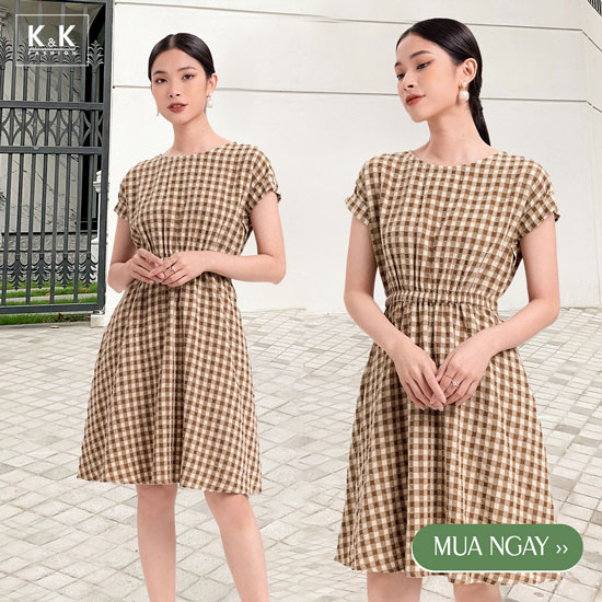 Đầm caro dáng xòe eo bo chun KK108-23