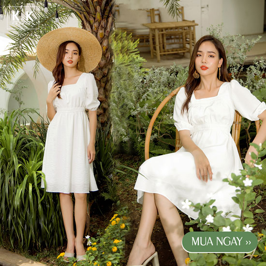 Váy xòe trắng nhấn eo bo thun KK111-22