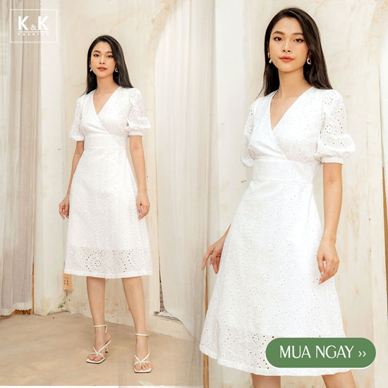 Đầm xòe trắng eo cao cổ V HL16-17
