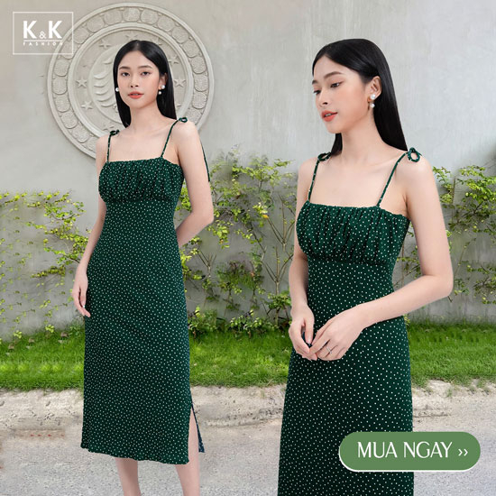 Đầm chấm bi hai dây nhún ngực xẻ tà KK110-01
