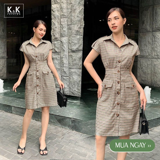 Đầm công sở dáng sơ mi caro phối túi KK110-32