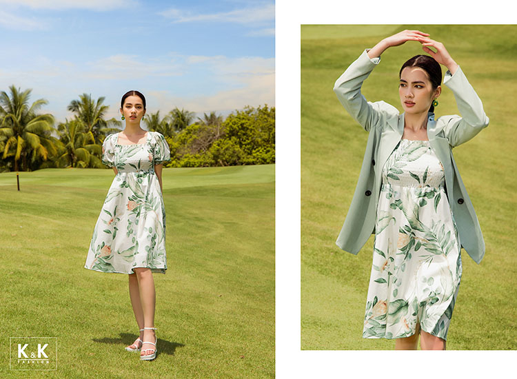 Đầm xòe họa tiết ngực bo chun tay phồng HL18-38