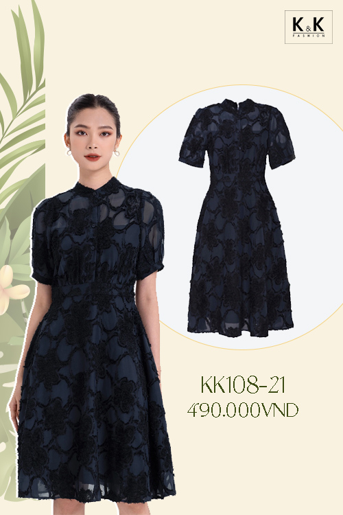 Đầm xòe voan bông ép cổ trụ KK108-21