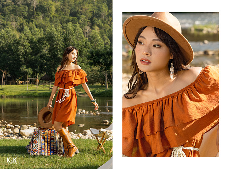 Đầm suông trễ vai xếp tầng phối dây thắt eo HL19-23