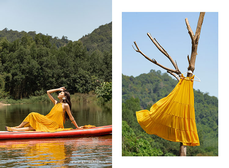 Đầm maxi cổ yếm phối nơ phía sau HL19-18