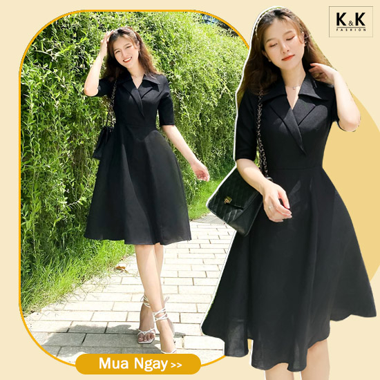 Đầm đen tay lỡ công sở nữ cổ đan tông KK109-20
