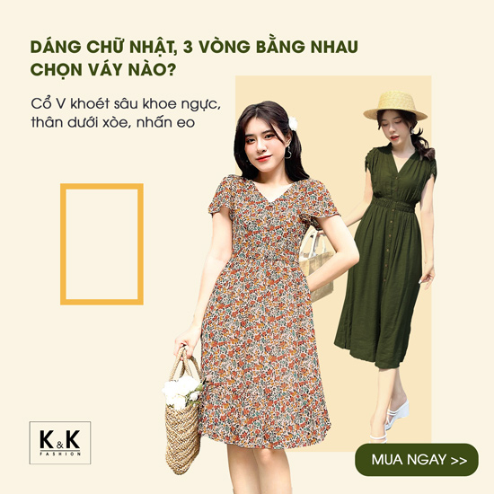 Váy liền cổ V cho nàng dáng chữ nhật mặc đẹp