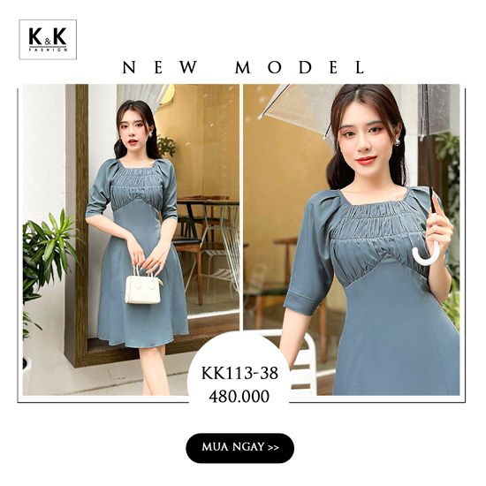 Đầm xòe công sở đơn sắc nhún ngực KK113-38