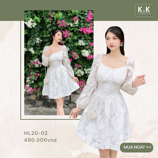 Đầm xòe trắng tay dài nhấn eo phối nút HL20-02