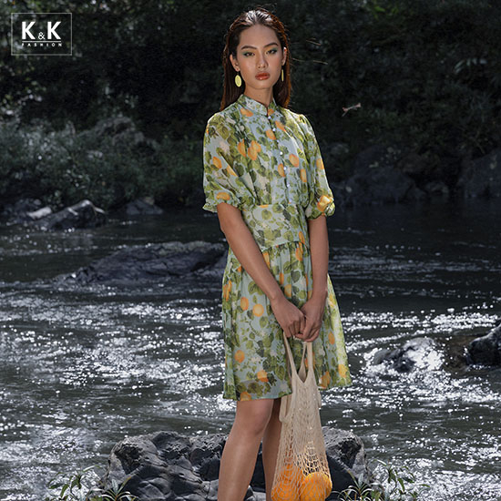 Đầm xòe nhấn eo họa tiết quả chanh KK114-04