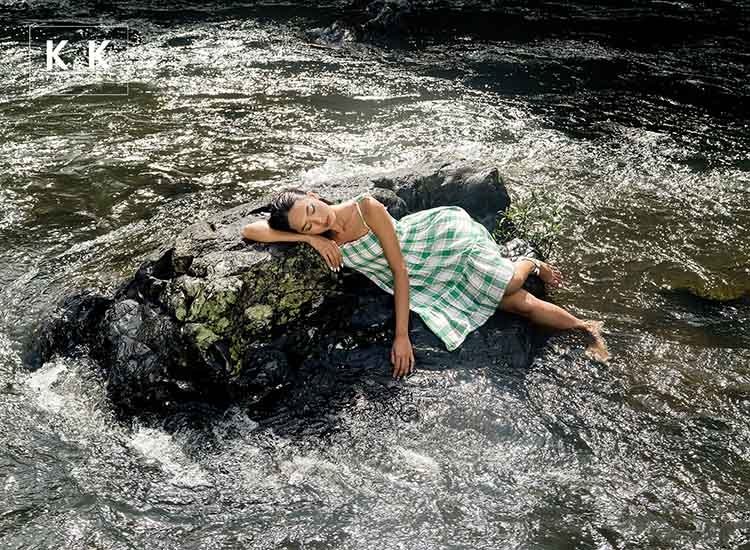 Đầm xòe caro hai dây bo thun KK113-14