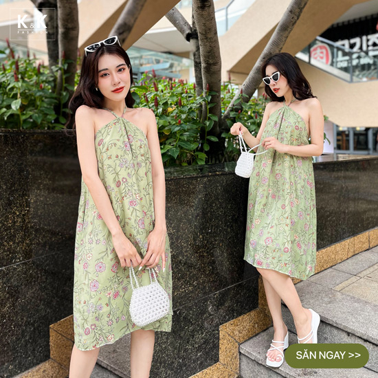 Đầm hoa dáng suông cổ yếm HL20-15