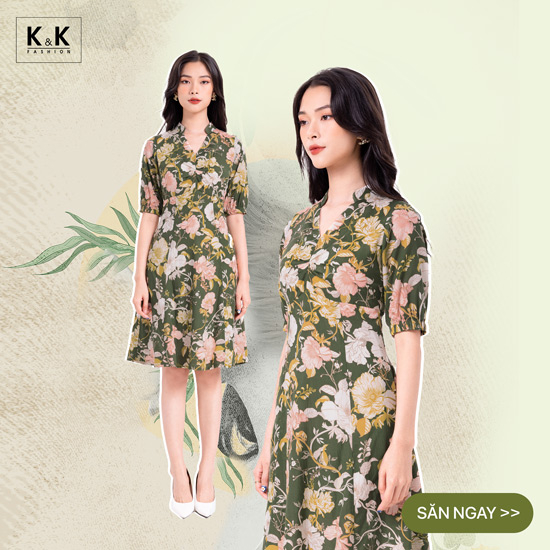 Đầm xòe hoa nhún ngực tay lỡ KK113-35