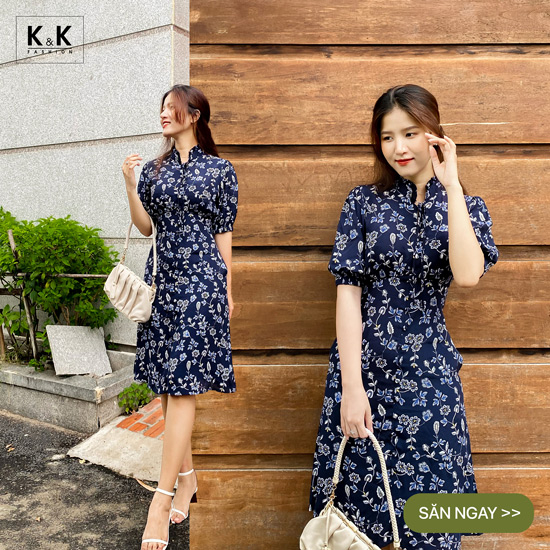 Đầm hoa dáng A phối nút nơ cổ KK114-09