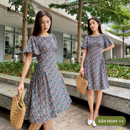 Đầm hoa dáng xòe tay bí KK113-23