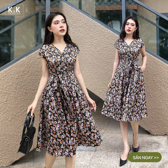 Đầm hoa nhí dáng xòe cổ V KK112-09