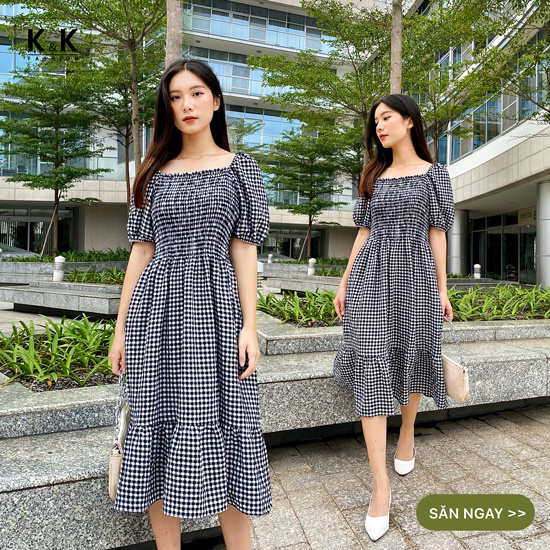 Đầm liền dáng xòe midi đuôi cá cổ vuông HL20-11