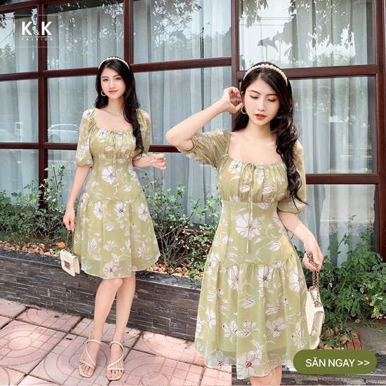 Đầm hoa công sở xếp ly hạ eo KK112-07