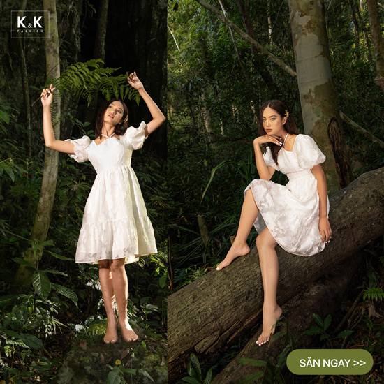 Đầm trắng dự tiệc cổ phối dây nơ tay phồng HL20-19