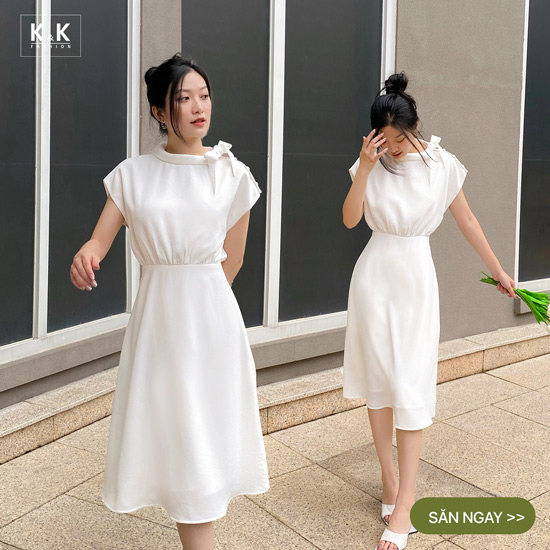 Đầm liền dáng xòe trắng cổ phối nơ HL20-05
