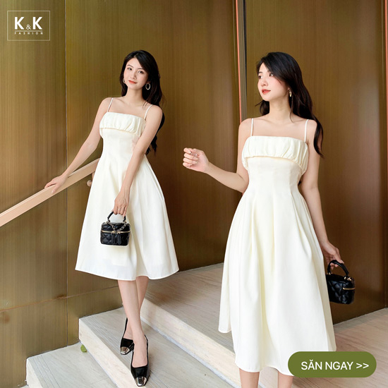Đầm hai dây dáng xòe màu trắng HL19-29