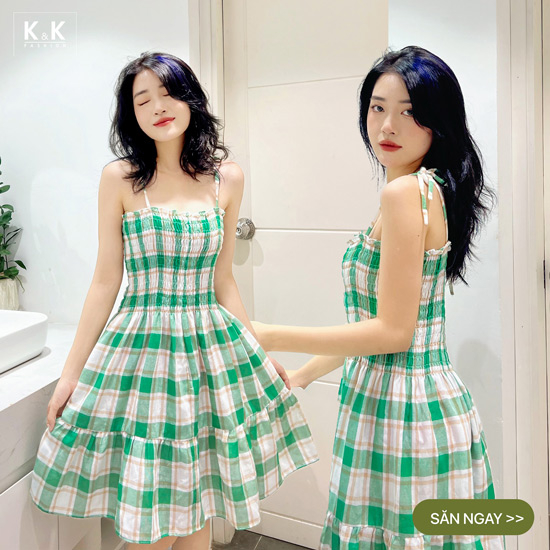 Đầm xòe caro hai dây bo thun KK113-14