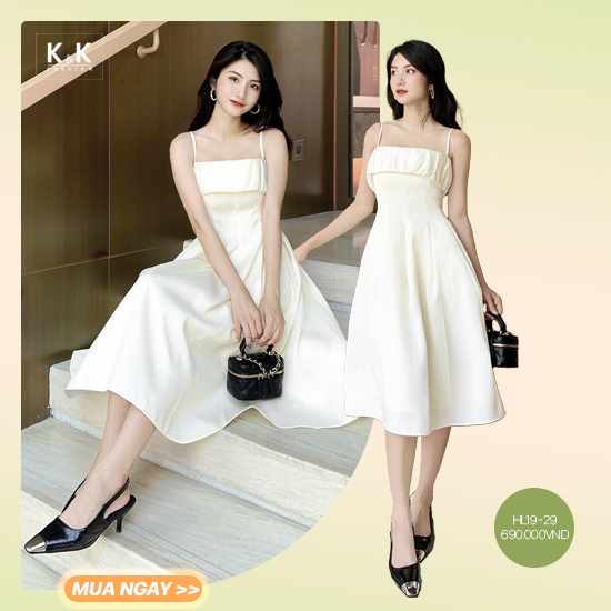 Đầm lệch vai dáng xòe màu trắng HL1513  Thời trang công sở KK Fashion