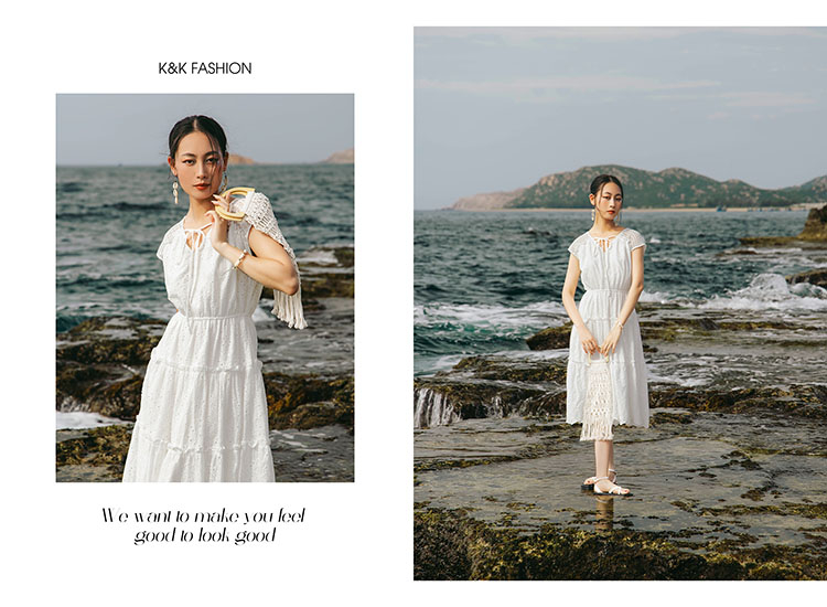 Đầm trắng dáng xòe cổ V phối nơ KK114-20