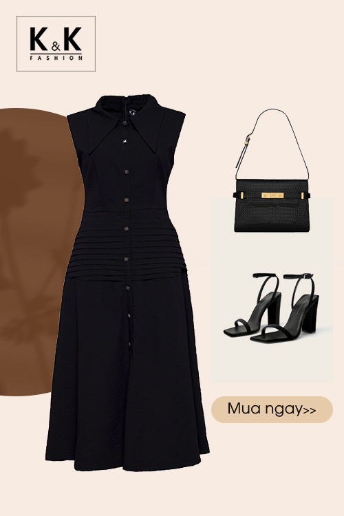 Đầm trung niên xòe đen sơ mi dáng dài KK115-08