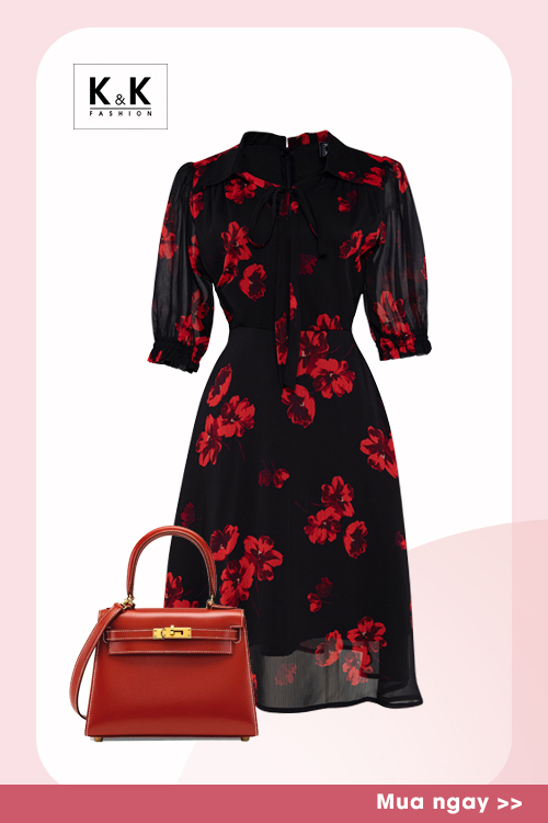 Đầm hoa dáng xòe cổ sơ mi phối nơ KK118-05