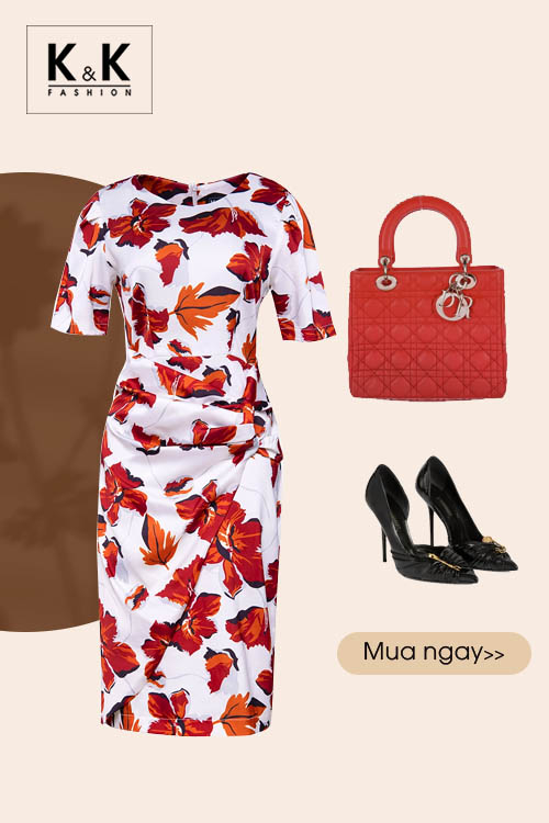 Đầm họa tiết chữ A tùng váy đắp chéo KK116-07