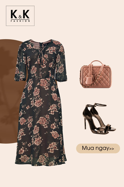 Đầm hoa công sở dáng dài cổ phối nơ KK118-32