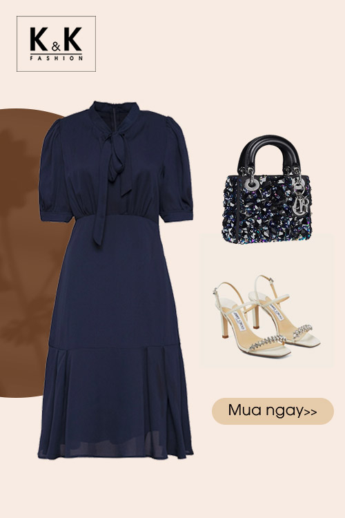 Đầm xòe đuôi cá công sở cổ phối nơ HL20-23