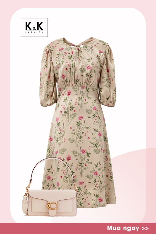 Đầm xòe hoa công sở nhấn eo cao KK119-24