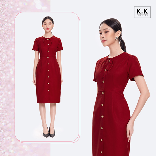 Đầm đỏ dáng ôm phối nút KK119-35