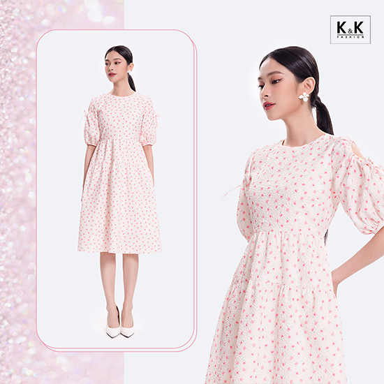 Đầm xòe hoa nhí dáng dài tay cut-out KK119-09