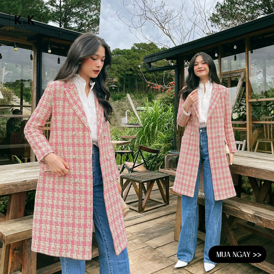 Áo khoác măng tô vải tweed cổ đan tông KK120-30