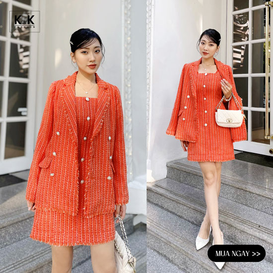 Áo khoác tweed nữ tay dài màu cam AK11-08