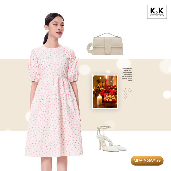 Đầm xòe hoa nhí dáng dài tay cut-out KK119-09