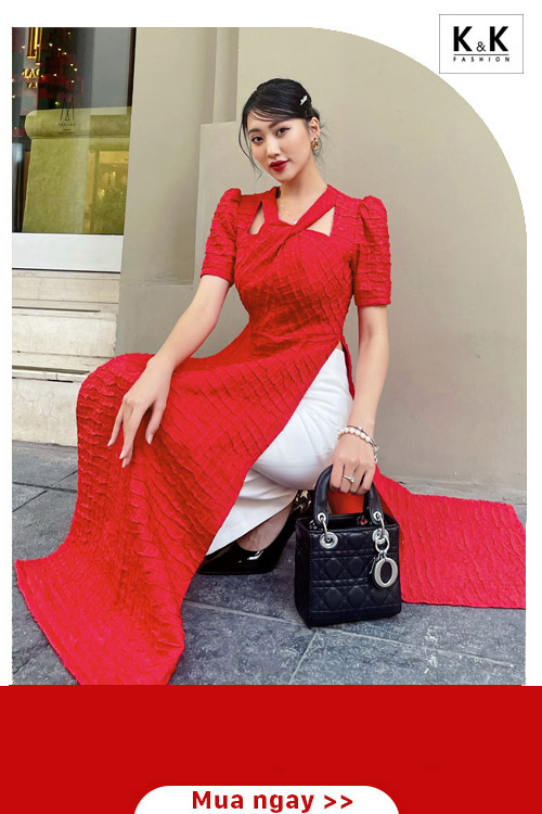 Áo dài đỏ cổ xoắn cut-out cách tân KK120-14