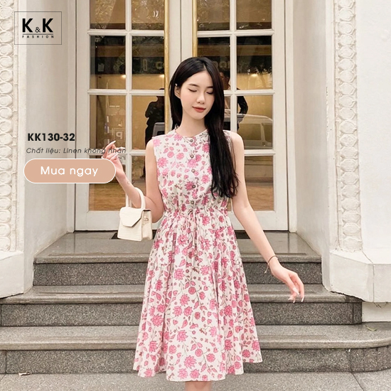 Đầm sát nách dáng xòe họa tiết hoa nhấn eo KK130-32