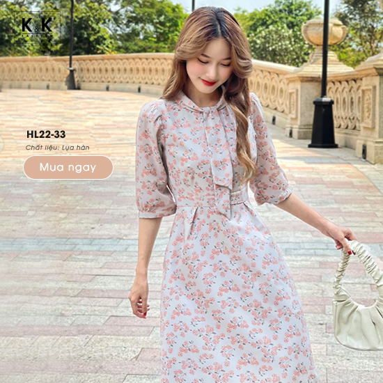 Đầm hoa dáng xòe tay lửng cổ nơ HL22-33